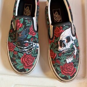 Vans Kids Slip-On Sneakers - Black with Red and Green Skull Design